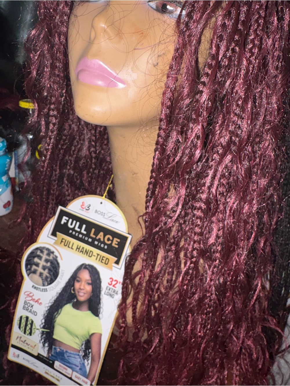 32" Burgundy Box Braid Wig - Full Lace Hand-Tied Style